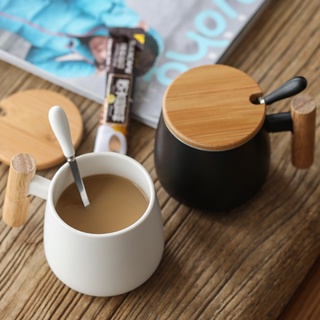 400ml Nordic wooden handle Cups White Black Ceramic Coffee Mugs Large capacity mug with spoon lid mu #9