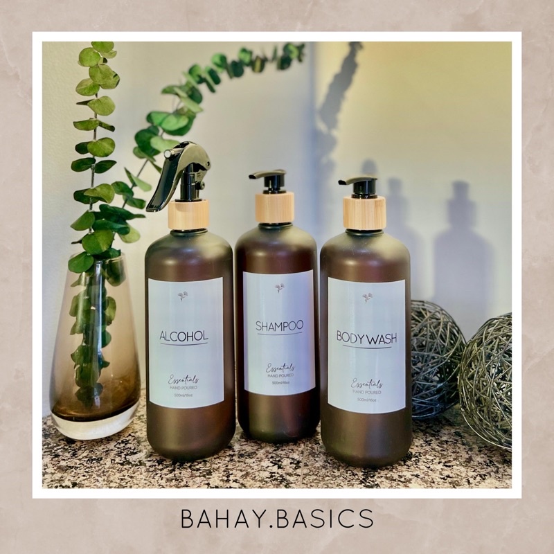 Frosted Amber Bottle Bamboo Lid Pump with Personalized Waterproof Label Team Kahoy | BAHAY.BASICS
