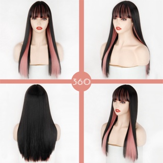 ▬Pink And Black Wig Two Layers Of Wigs Long Straight Hair Cosplay Wig Two Tone Ombre Color Women Sy #4