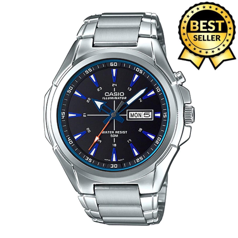 Casio illu E2 Expensive Day & Date Water Resist Auto Hand Movement Silver Black Stainless Steel Men'