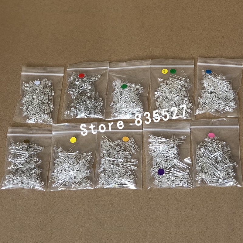 ▥1000pcs/lot 3MM F3 Kit Mixed 10 colors: White/Warm white/Red/2 Green/Blue/Pink/Purple UV/Orange/Ye
