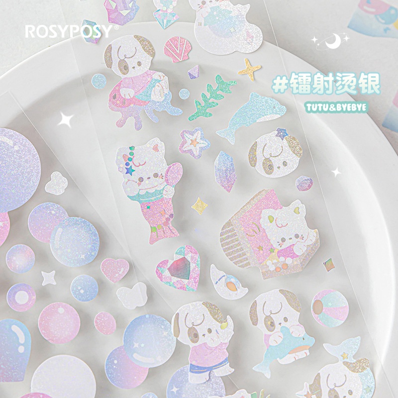 Peach 7Pcs Tutu&Byebye cute sticker combination Sparkling laser beam