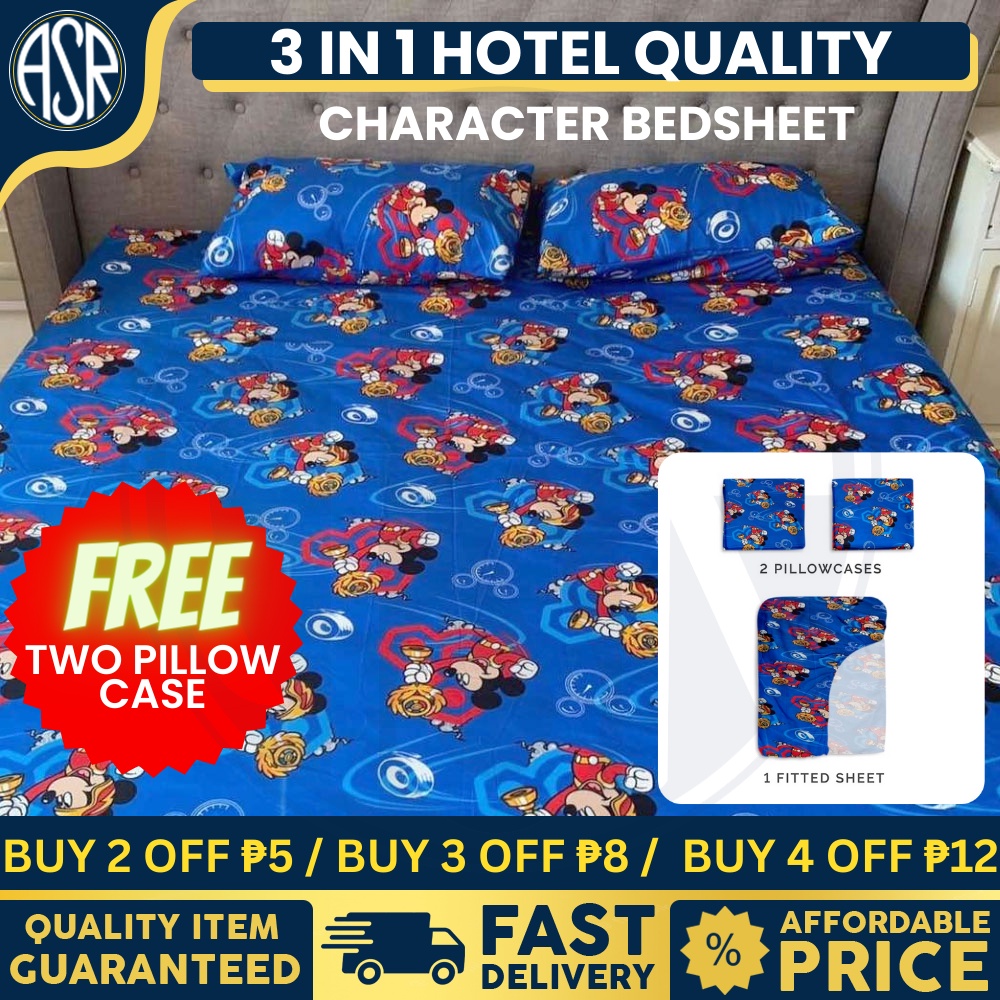 ASR Character 3in1 Bedsheet Set Canadian Cotton 1pc Fitted Sheet + Free