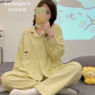 A aseaspace · Spring Autumn Long-Sleeved Plaid Pajamas Loungewear Two-Piece Suit Female Cute Pudding Dog