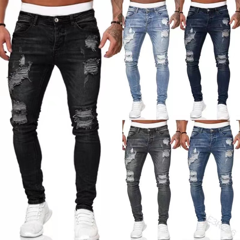 Korean Style Casual Attire Slim Fit Tattered Ripped Denim Jeans For Men ...