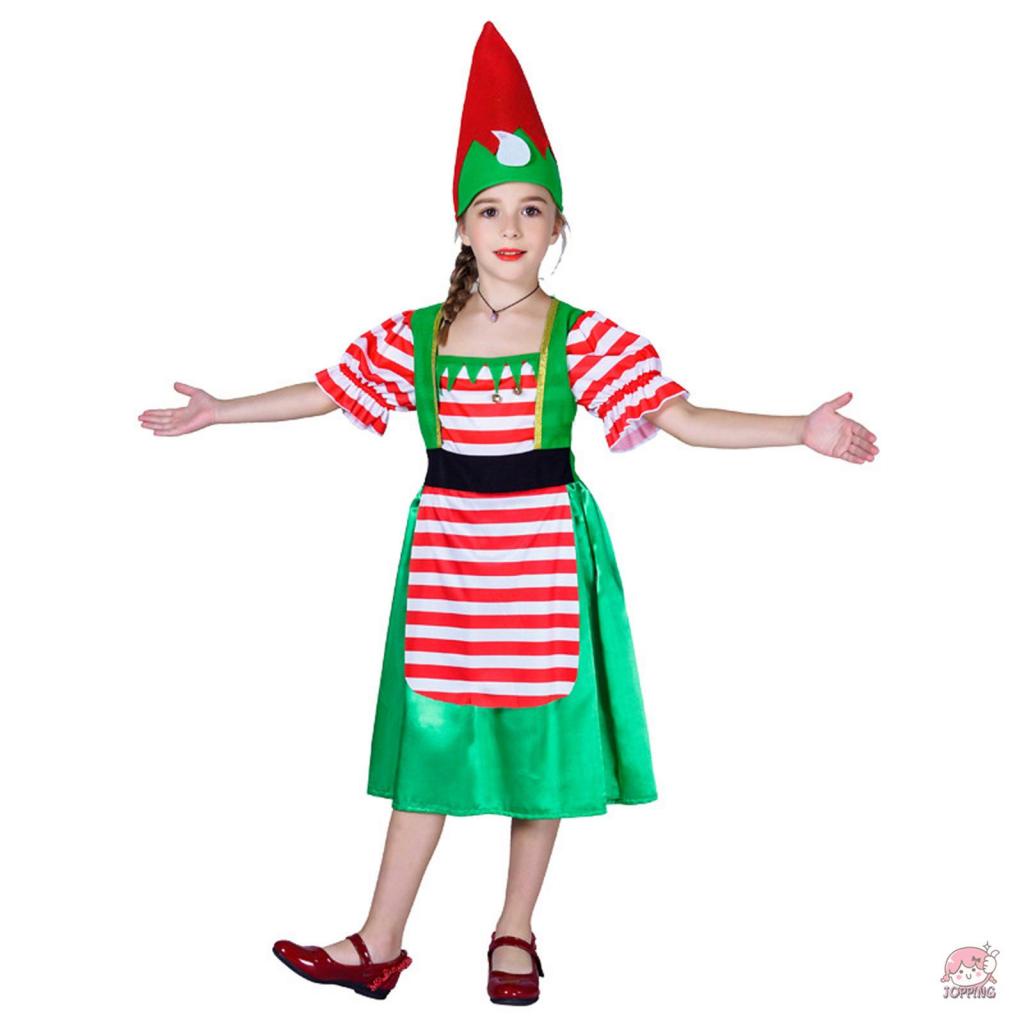 JOP-Kid Girls Christmas Cosplay Outfits Short Sleeve Striped Dress + Cartoon Hat