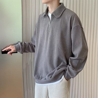British Style Solid Color Sweatshirt Men Half Zipper Polo Collar Solid Color Simple All-Match Youth Sweatshirt