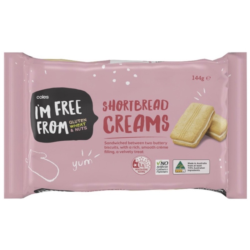 Coles Shortbread cream gluten free wheat and nut 144g Biscuits