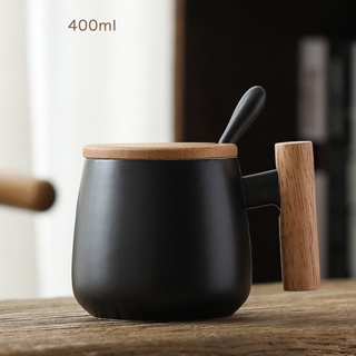 400ml Nordic wooden handle Cups White Black Ceramic Coffee Mugs Large capacity mug with spoon lid mu #7