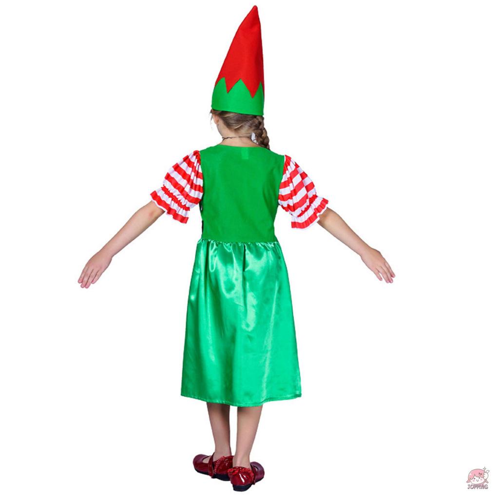 JOP-Kid Girls Christmas Cosplay Outfits Short Sleeve Striped Dress + Cartoon Hat