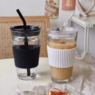 Minimalist Glass Water Cup Transparent With FREE Rubber Straw Home Silica Rubber Handle Tumbler