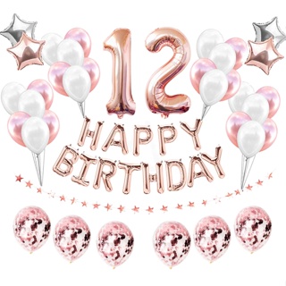 ln stockNEW▣38pcs Rose Gold Balloons 12th Happy Birthday Party Decorations 12 Years Twelve Old Boy #1