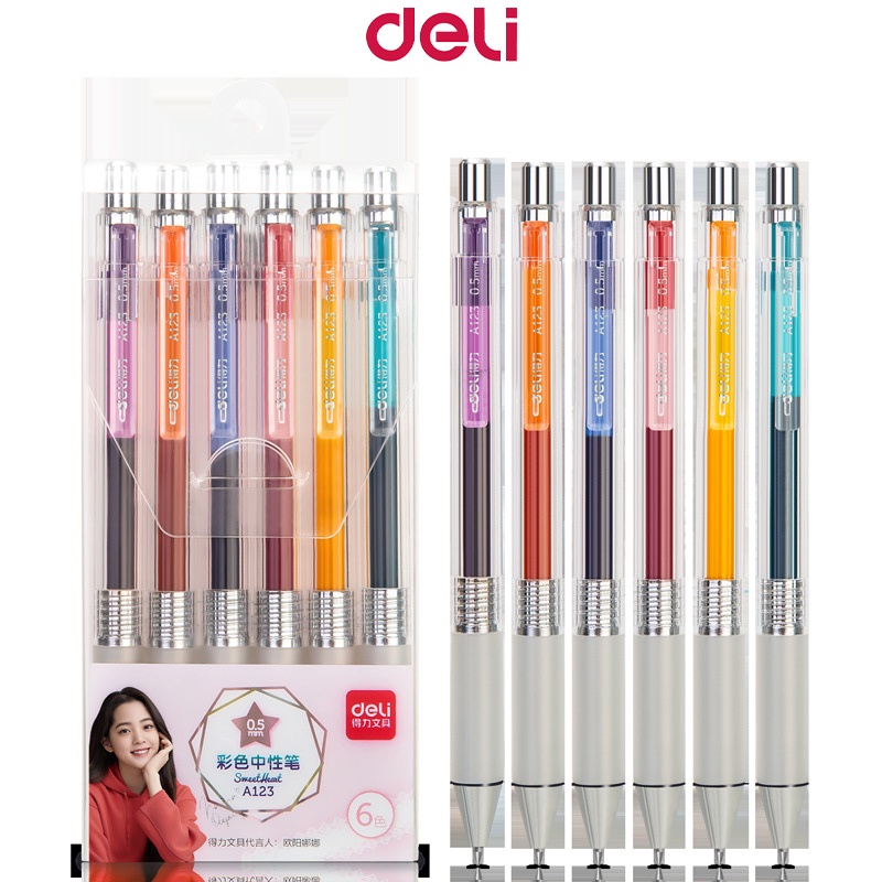 Deli 6 Colors/Box Gel Pen 0.5mm Writing Stationery Color Gel Pen School Supplies A123 Shopee