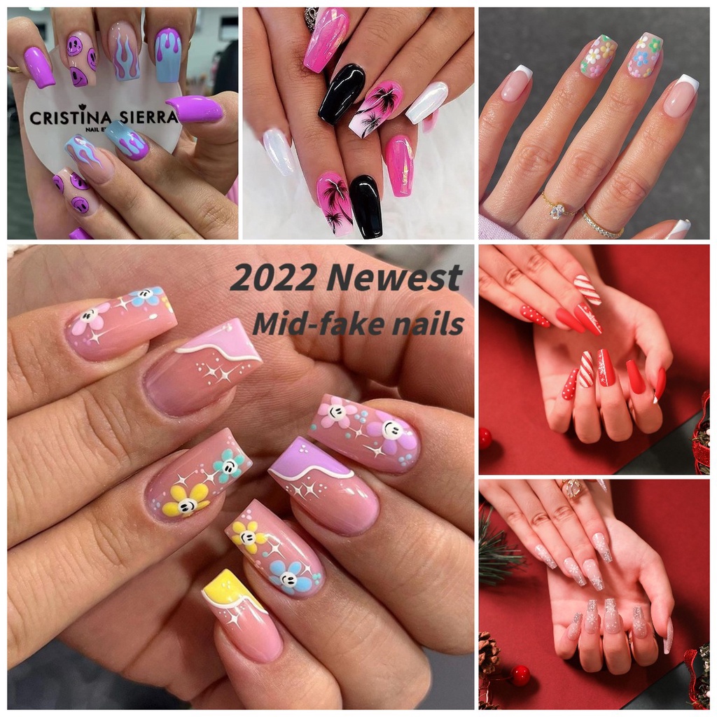 Newest Fake Nails Fashion Fake Nail 24PCs Nails Fake With Glue Midlong Nails Fake Nail Set Fake