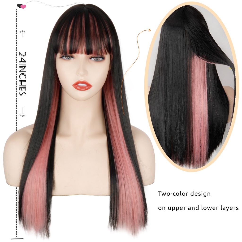 ▬Pink And Black Wig Two Layers Of Wigs Long Straight Hair Cosplay Wig Two Tone Ombre Color Women Sy