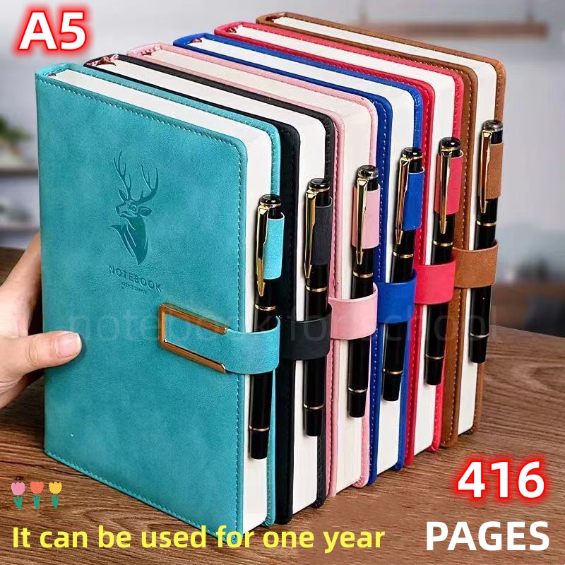 A5 Leather notebook with pen 416 Pages paper notepad big Thick cute