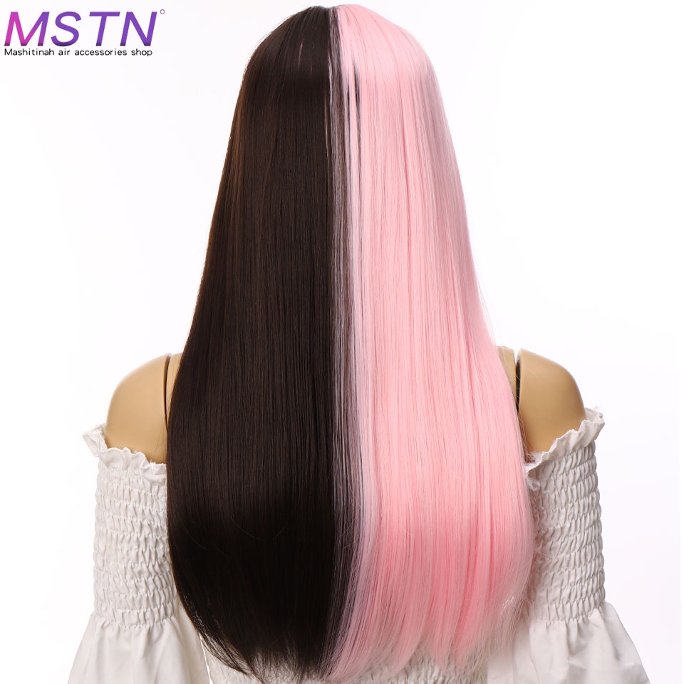 NEWIn stock▦۩Halloween Pink Black Long Straight Fake Hair With Bangs Ombre Color Synthetic Hair Wig