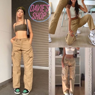 DaviesShop Khaki Cargo Pants Six Pockets Straight Cut Loose Fit High Waist Pants for Women Y2K Korea