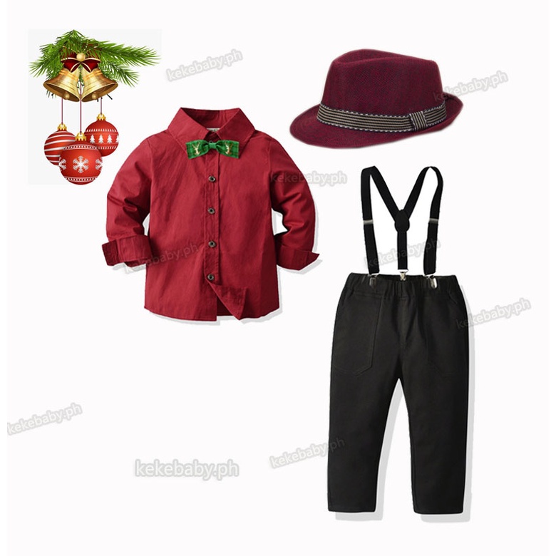 Baby Gentleman Suit Long Sleeve Red Shirt Black Pants Set Terno for