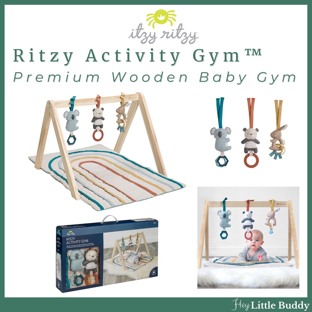 Itzy Ritzy Activity Gym Premium Wooden Baby Play Mat 3 Removable Toys