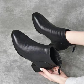 Soft Leather Martin Boots High Heel Women's Shoes Autumn Winter New Style Mid-Heel Ladies Fashion Short Thin