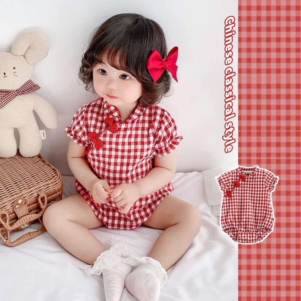 Fashion Cute Baby Girl Clothes Cheongsam Lattice OnePiece Garment Cotton Newborn Baby Clothes