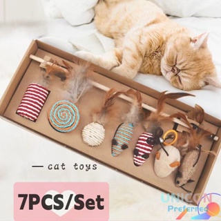 7pcs/Set Cat Toys Wooden Stick Ball Simulation Mouse Amusing cat bells Feather Cat Chasing Toy