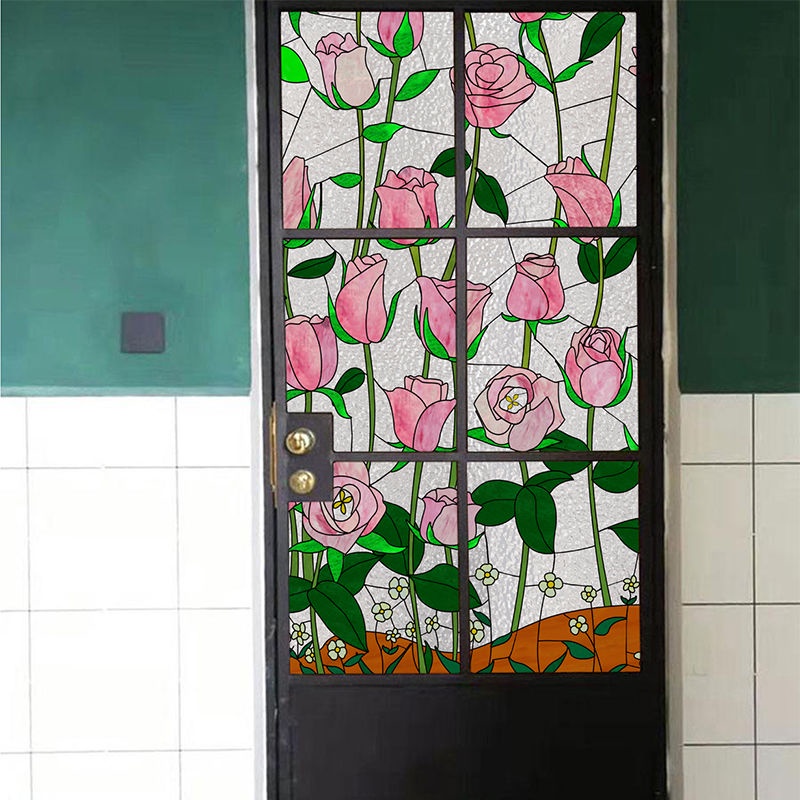 Rose Stained Glass Sticker Transparent Opaque Bathroom Toilet Anti-Glare Anti-Peeping Vintage Cellophane Film