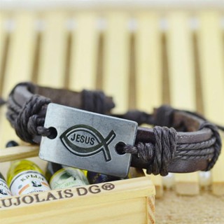 ™Jiayiqi 12pcs/set Wholesale Punk Style Leather Bracelets I Love Jesus Braided Rope Bangle For Men #3