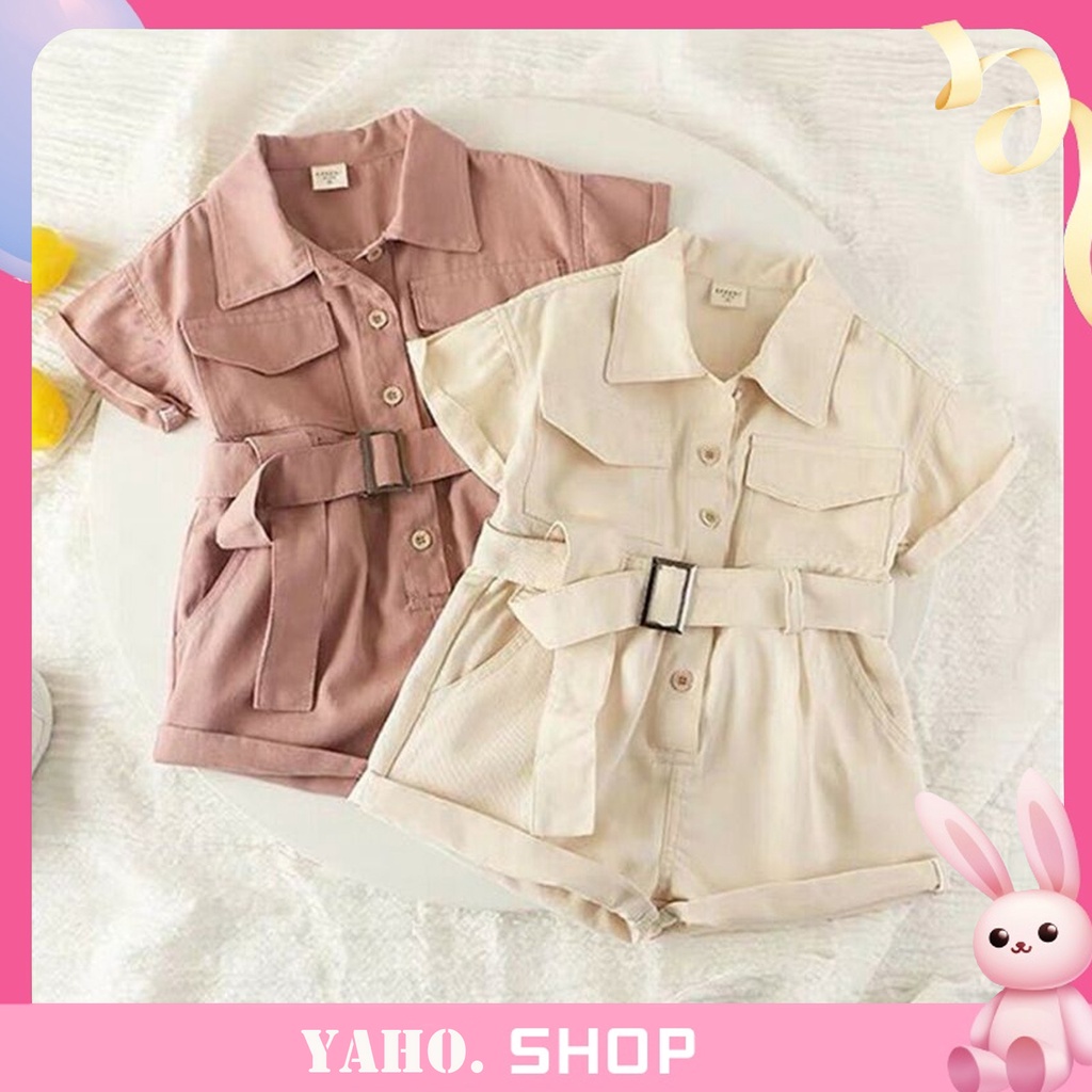 Yaho1-6Y Infant Kid Baby Girl Romper Clothes Short Sleeve Solid Single Breasted Playsuit Jumpsuit Outfit With Belt