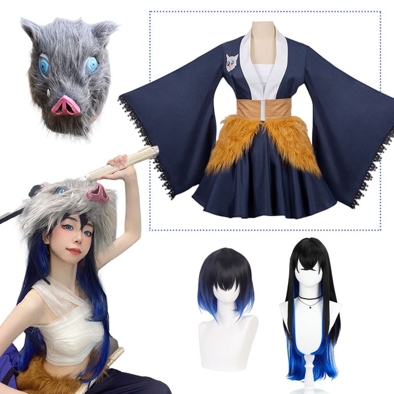 Anime Demon Slayer Hashibira Inosuke Cosplay Costume Dress Long Wig