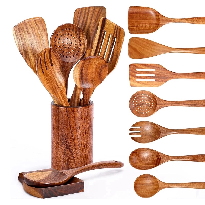 8 In 1 Eco Friendly Bamboo Kitchen Utensil Set Tool Kitchenware Bamboo Utensil Holder Included 4652