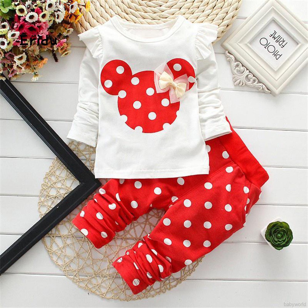 ERI.nzt_2Pcs Baby Girl Minnie Mouse Bowknot Polka Dot Long Sleeve Pants Kids Outfit
