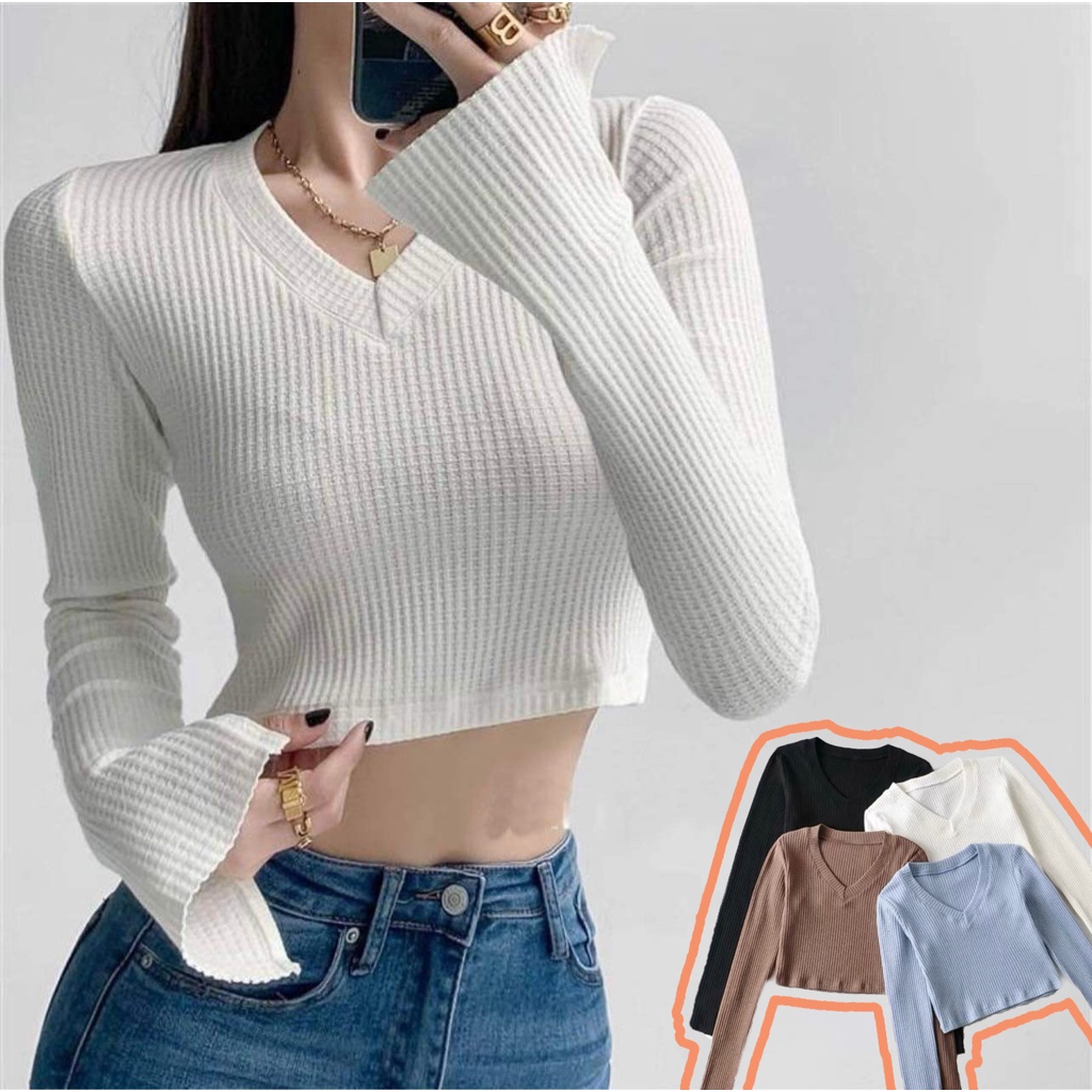 Angelcity V Neck Tops Long Sleeve Waffle Tela Crop Top Blouses Zz