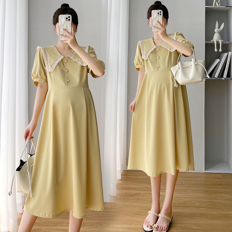 M-2XL Maternity Dress Summer Preggy 2022 New Fashion Mom Free Waist Elegant Lady Doll Collar Open Bu