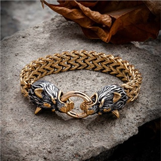 △Vikings Wolf Head Bracelets Gold Stainless Steel Norse Mesh Chain Mens Celtic Wolf Bangle Gun Bla #4