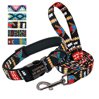☄Personalized Dog Collar With Leash Nylon Custom Pet Id Collars Colorful Printed Dogs Walking Leash