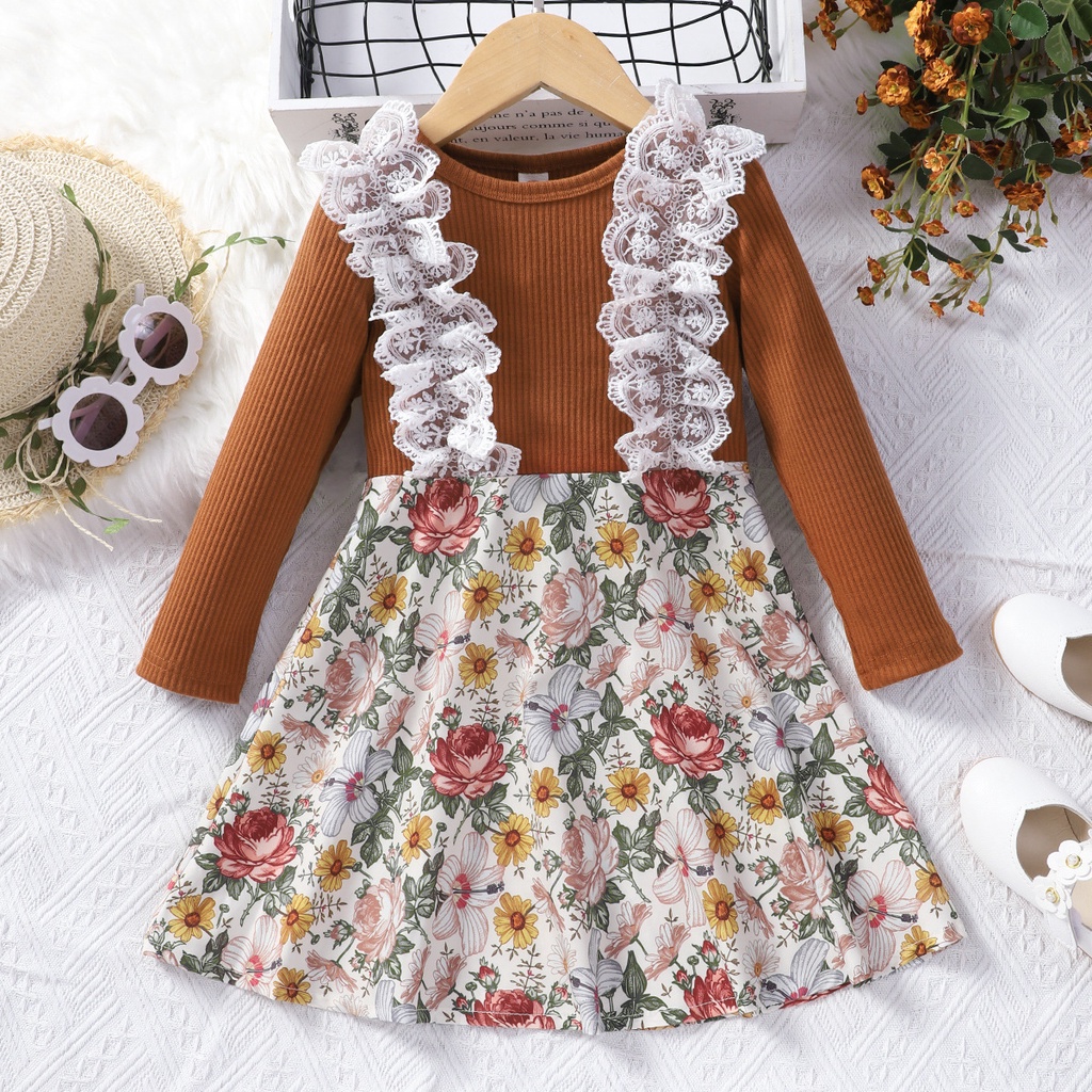 1-6years Old Fashion Kids Dress for Girls Long Sleeve Lace Flower A Line Dress Casual Wear Princess Birthday Outfit Children Clothes