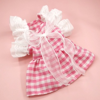 Pink Checker Lace Dog Clothes for Shih Tzu Birthday Wedding Cotton Gown Dog Shitzu Dress with Big Bowknot Cat Clothing Pet Outfits Puppy Costume