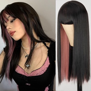 ▬Pink And Black Wig Two Layers Of Wigs Long Straight Hair Cosplay Wig Two Tone Ombre Color Women Sy #1