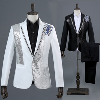 Studio photo black and white inlaid color diamond suit Host dress Singer Chao Men's stage performance suit suit