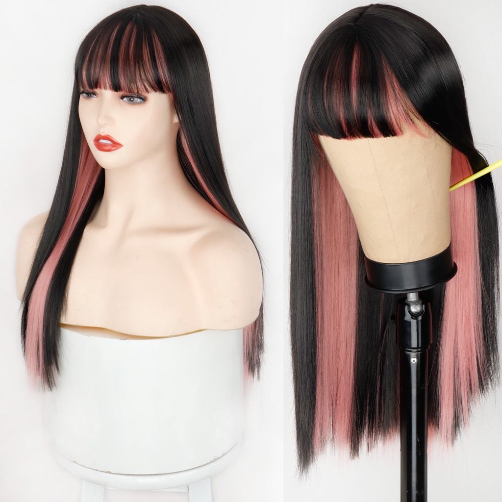▬Pink And Black Wig Two Layers Of Wigs Long Straight Hair Cosplay Wig Two Tone Ombre Color Women Sy