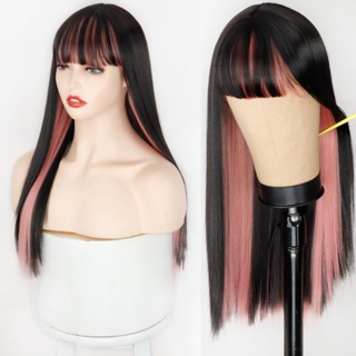 ▬Pink And Black Wig Two Layers Of Wigs Long Straight Hair Cosplay Wig Two Tone Ombre Color Women Sy #3