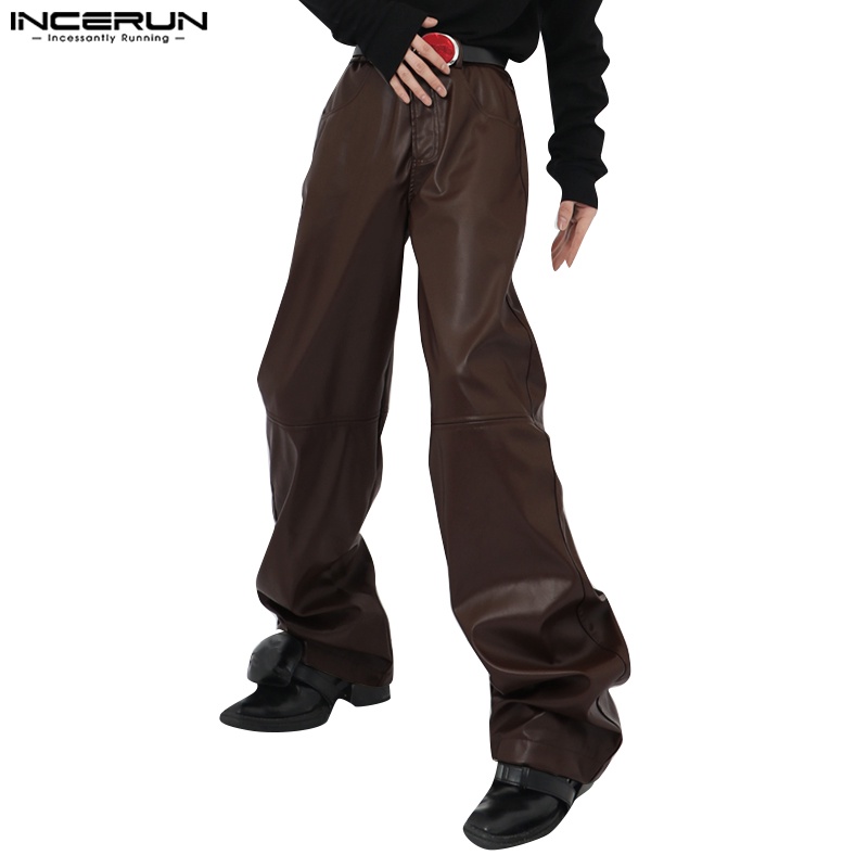 INCERUN Men Fashion Faux Leather Wet Look Loose Wide Leg Long Trousers