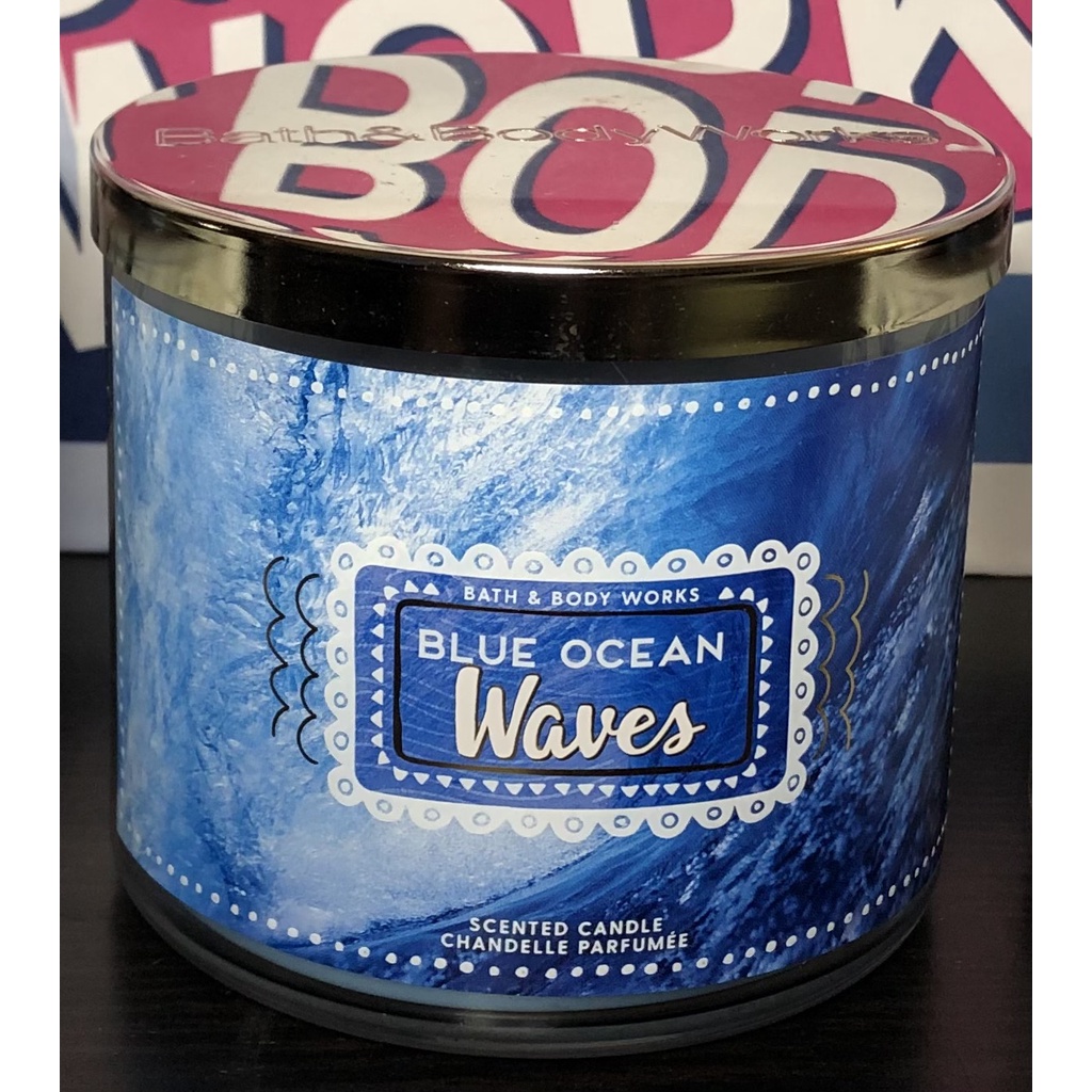 AUTHENTIC! Bath & Body Works BLUE OCEAN WAVES 3Wick Scented Candle 14.