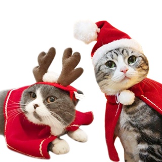 Pet Christmas Dress Up Cat Dog Clothes Bib Elk Headgear Hat Decoration Funny Cloak