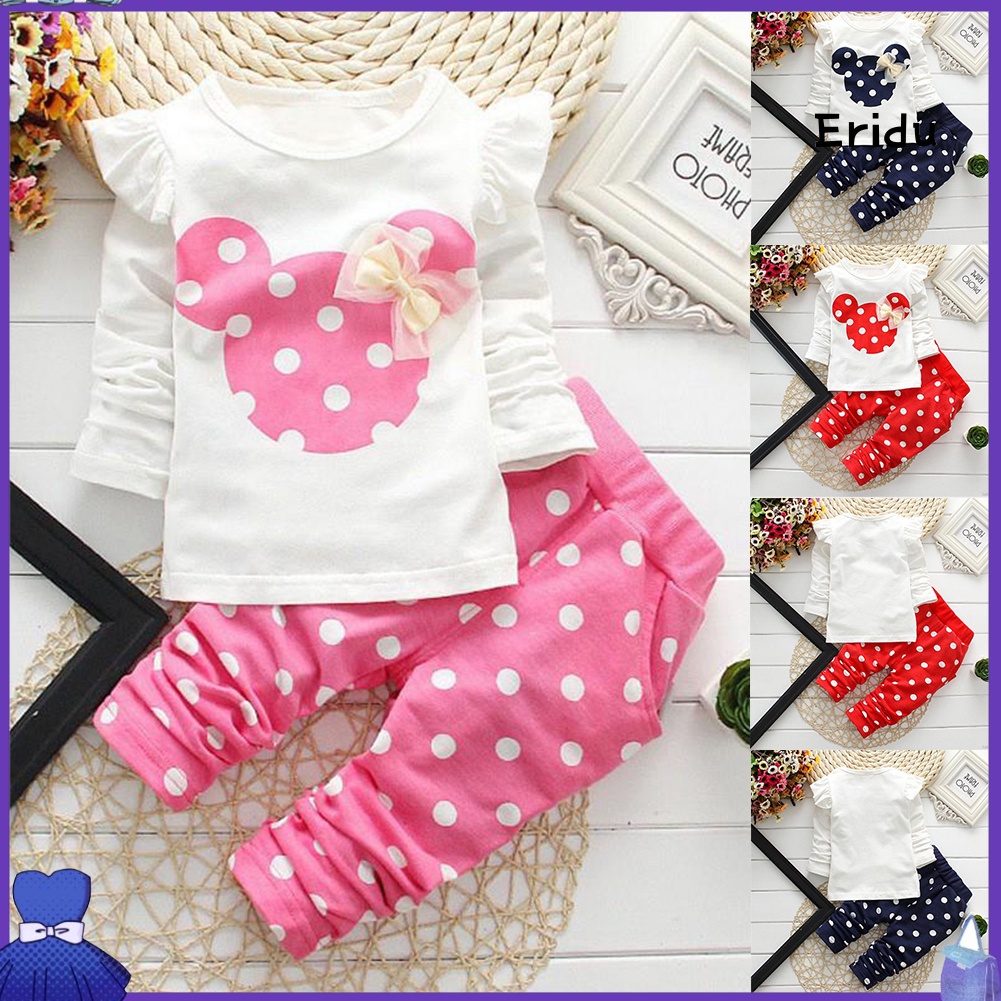 ERI.nzt_2Pcs Baby Girl Minnie Mouse Bowknot Polka Dot Long Sleeve Pants Kids Outfit