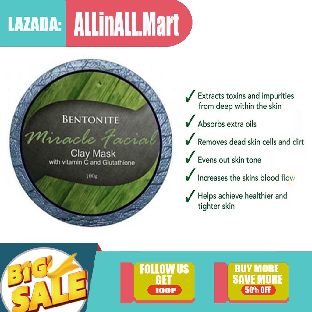 ALLinALL.Mart  Bentonite Miracle Facial Clay Mask With Vitamin C And Glutathione 100gIn stockCOD