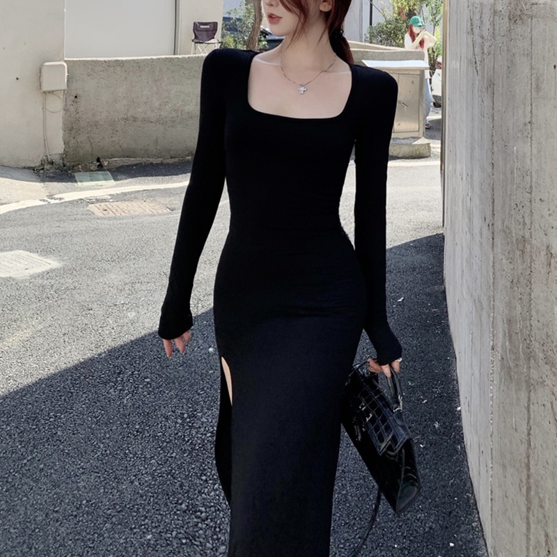 Korean Sexy Black Squareneck longsleeve dress Slim fit long slit ...