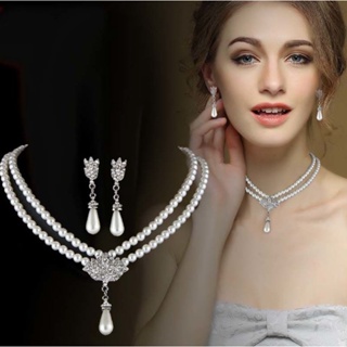 Sunshine Fashional New Bride wedding three piece pearl earrings and necklace